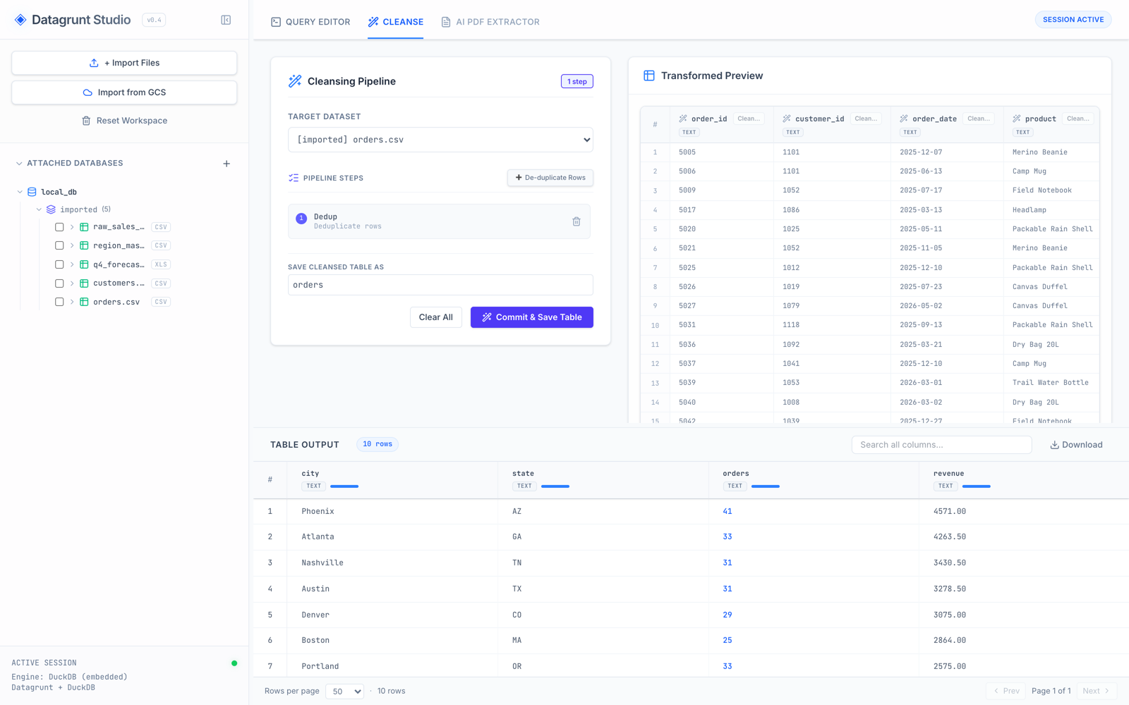 The visual cleansing pipeline with a live transformed preview