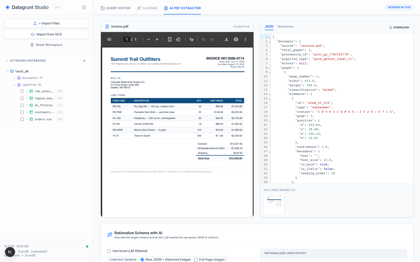 Extracting an invoice PDF: the document preview beside the raw structured layout JSON
