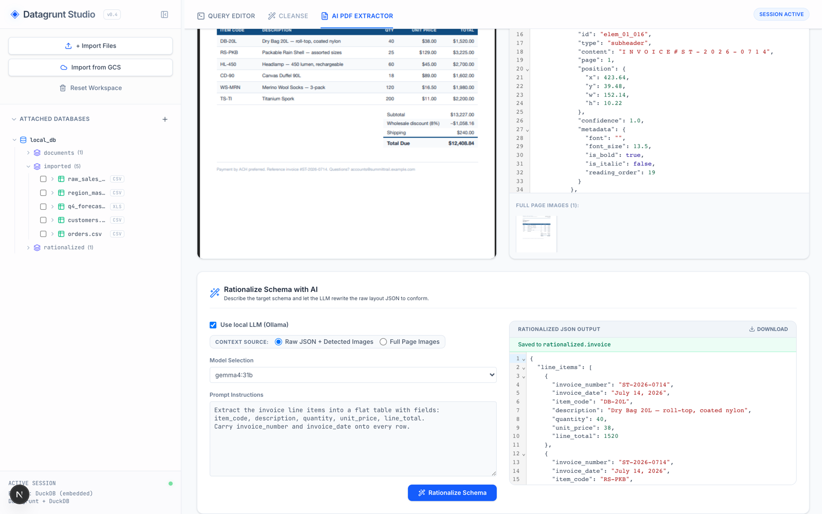Rationalizing the extracted invoice with a local Ollama model into a clean line-items table